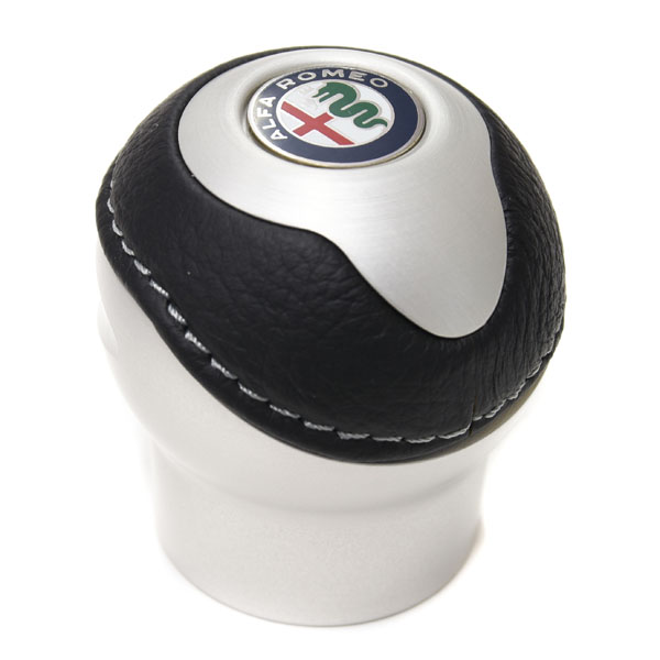 BLACK Aluminium & Leather Gear Knob -TUNE IT- (Reverselock/Alfa Romeo New Emblem)