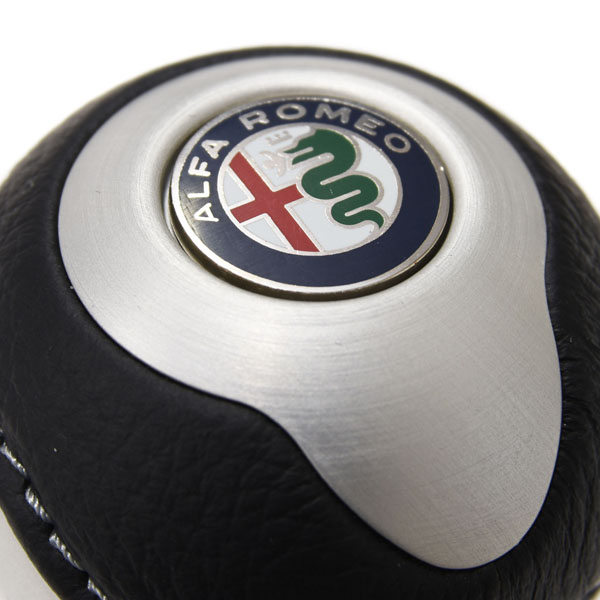 BLACK Aluminium & Leather Gear Knob -TUNE IT- (Reverselock/Alfa Romeo New Emblem)